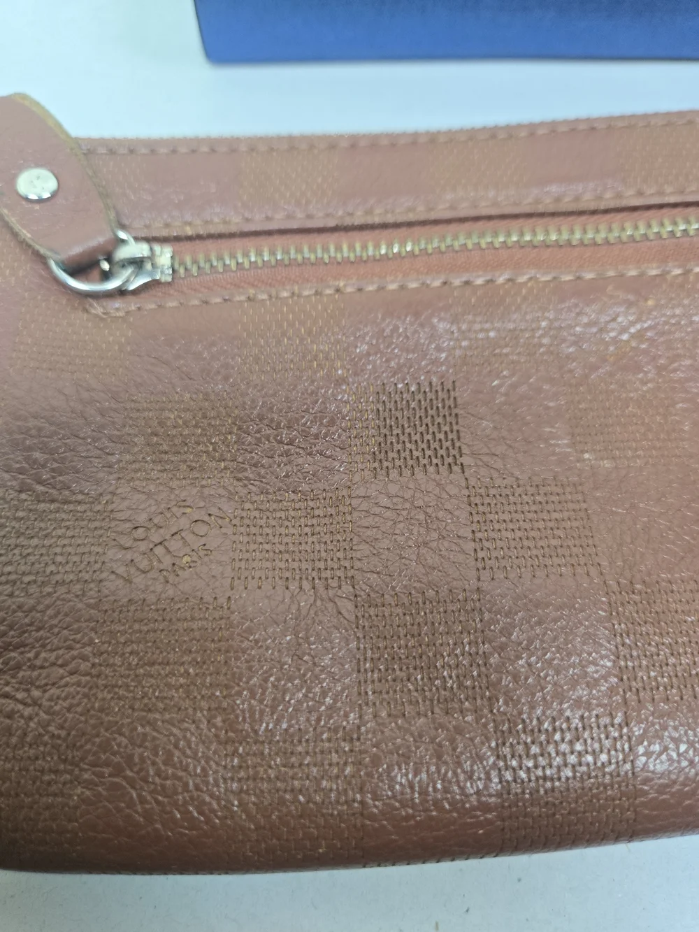 Vintage Louis Vuitton Brown Leather Zip Pouch with Chain Charm - Needs TLC